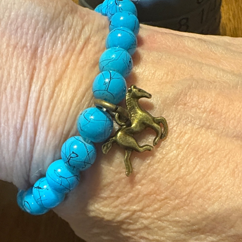 Blue Turquoise Glass Beaded Stretch Bracelet with Horse Charm